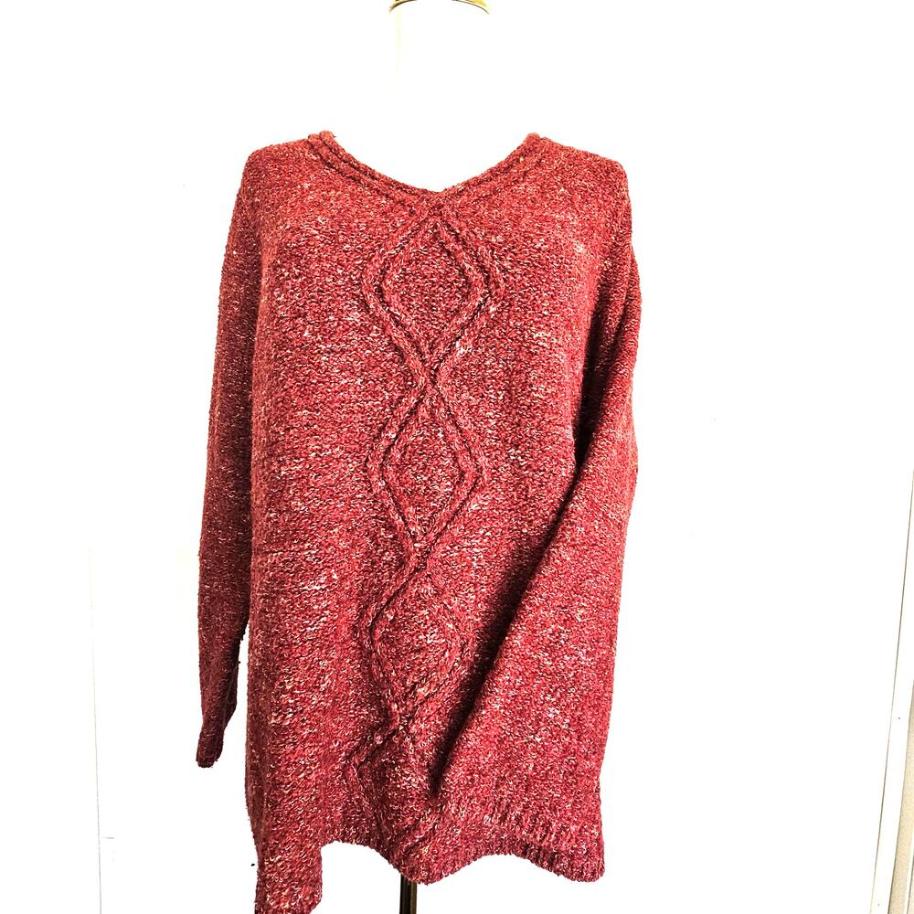 Charter Club Women's 1X Chunky Knit Heather Red V-neck Tunic‎